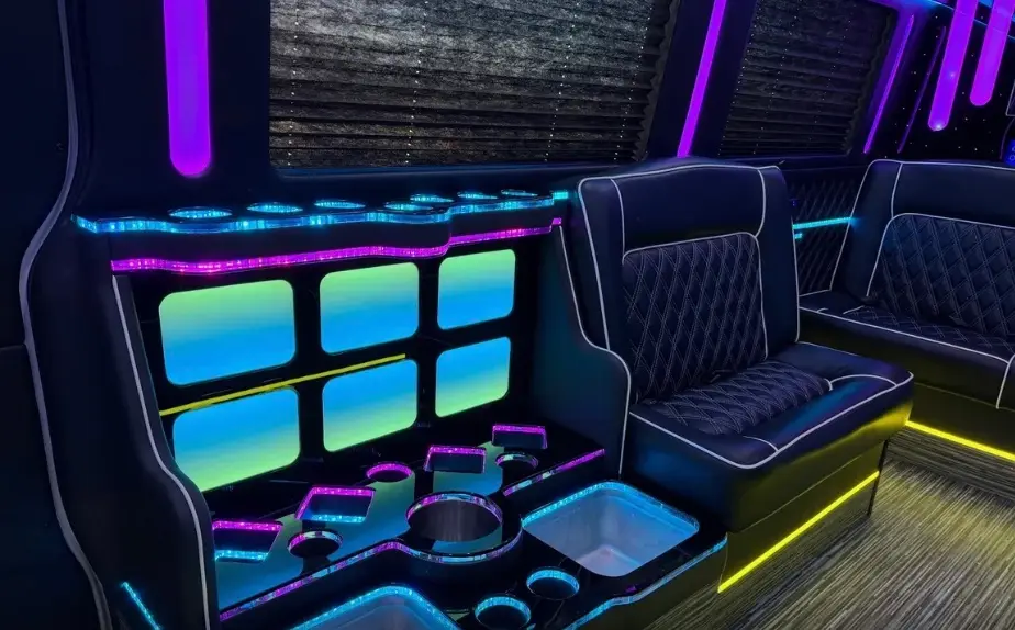 14-Passenger Sprinter Limo Party Bus – Lighted bar with ice wells