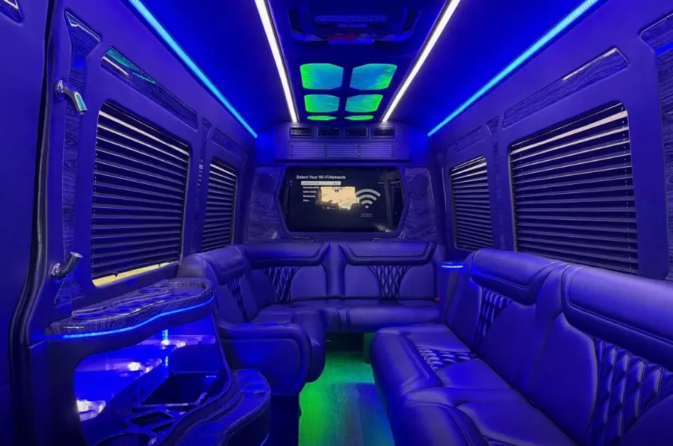 16-Passenger Sprinter Limo Party Bus – Wi-Fi & big-screen TV