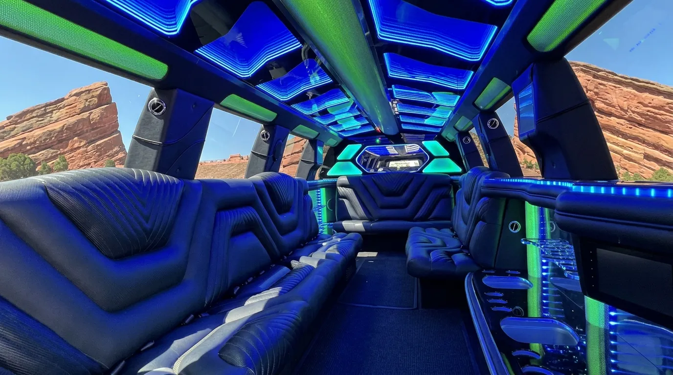 Inside the Chevy Suburban limo in Mead: LED light-show ceiling, leather lounge seating and lit bar