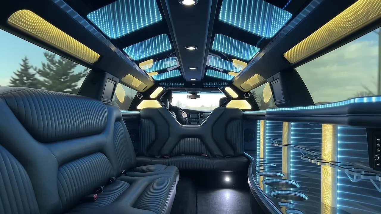 Inside the Dodge Charger limo in Mead: LED light-show ceiling, leather lounge seating and lit bar